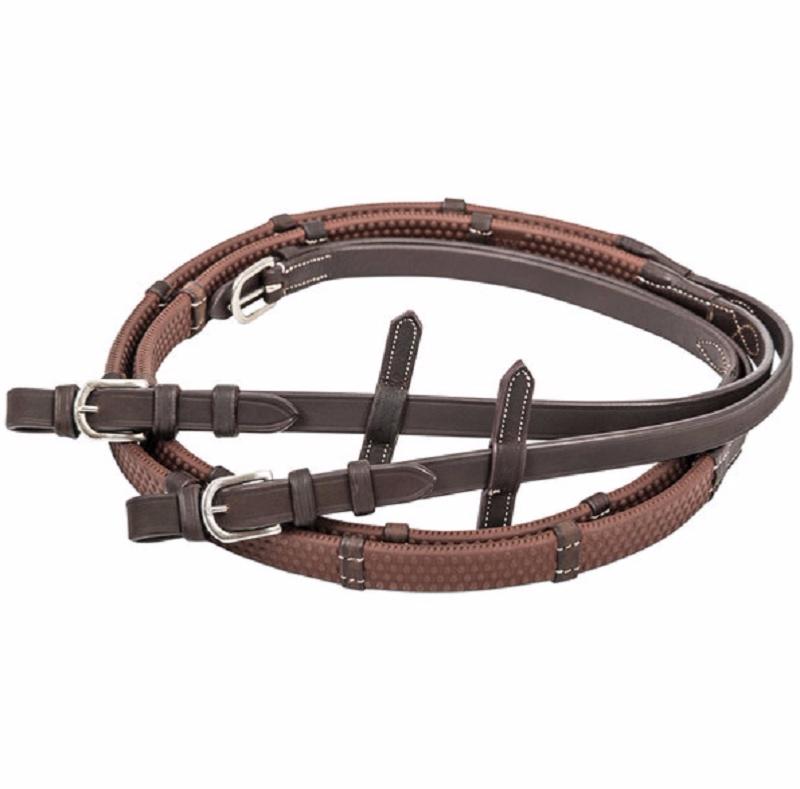 EQUESTRO - Rênes très souples à Grip caoutchouc boules et boucles NOIR boucles Argent PONEY