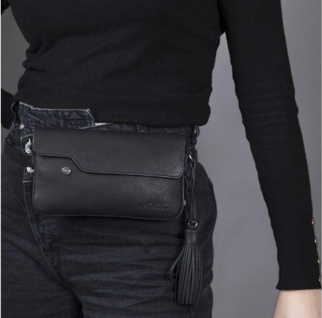 ANTARES - Pochette Cuir avec Rabat à Porter en Bandoulière ou sur Ceinture, RIO NOIR