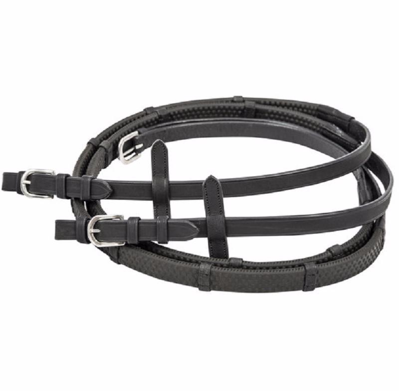 EQUESTRO - Rênes très souples à Grip caoutchouc boules et boucles NOIR boucles Argent PONEY